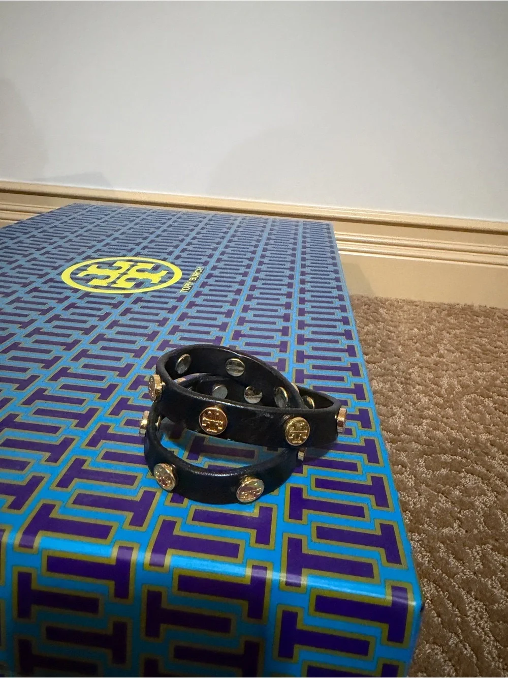 Tory Burch Black Double-Wrap Leather Bracelet with Gold Logo Studs